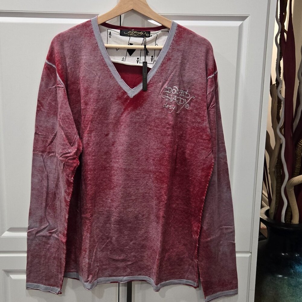 Ed Hardy Vintage Embroidered Design V-Neck Cotton Jumper